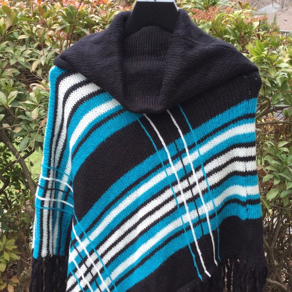 Say What? Black Cowl Neck Blue-Whit Strip Poncho Sweater